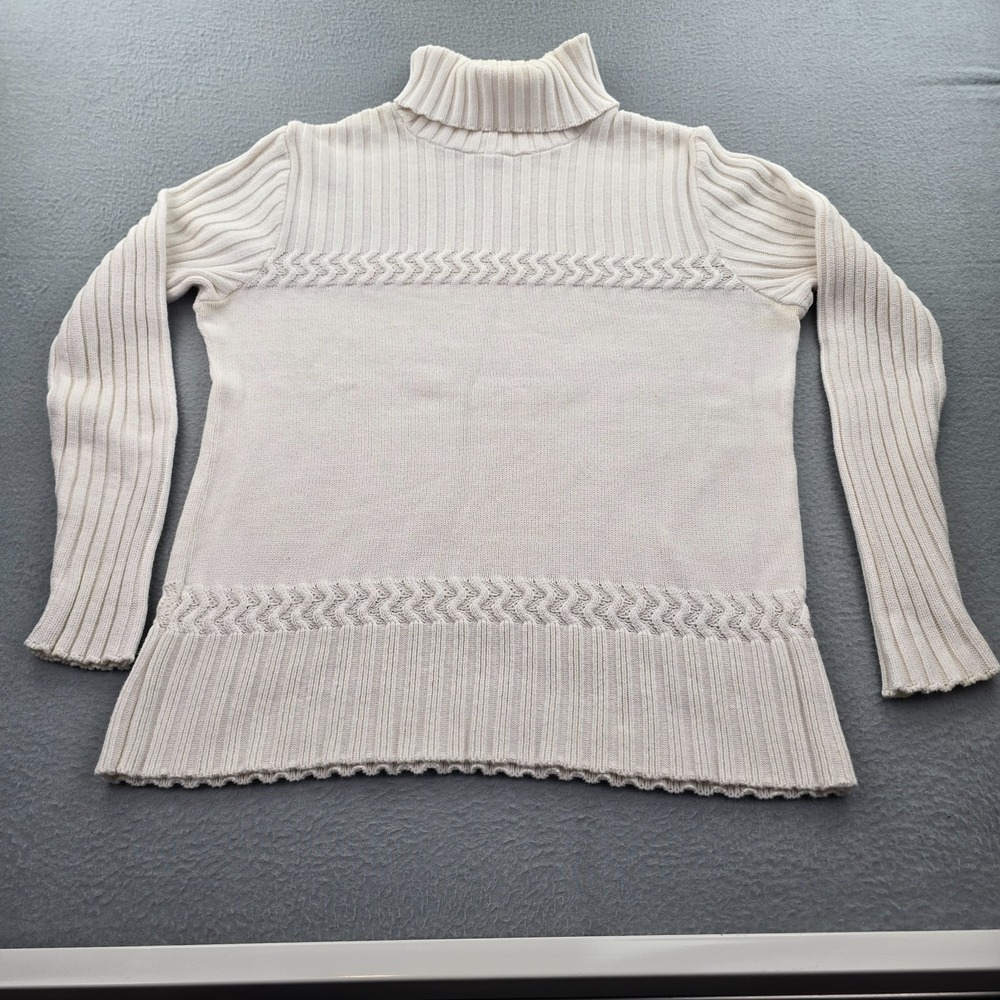 Coldwater Creek Sweater Womens M 10-12 Beige Turtleneck Chevron Knit Ribbed Trim